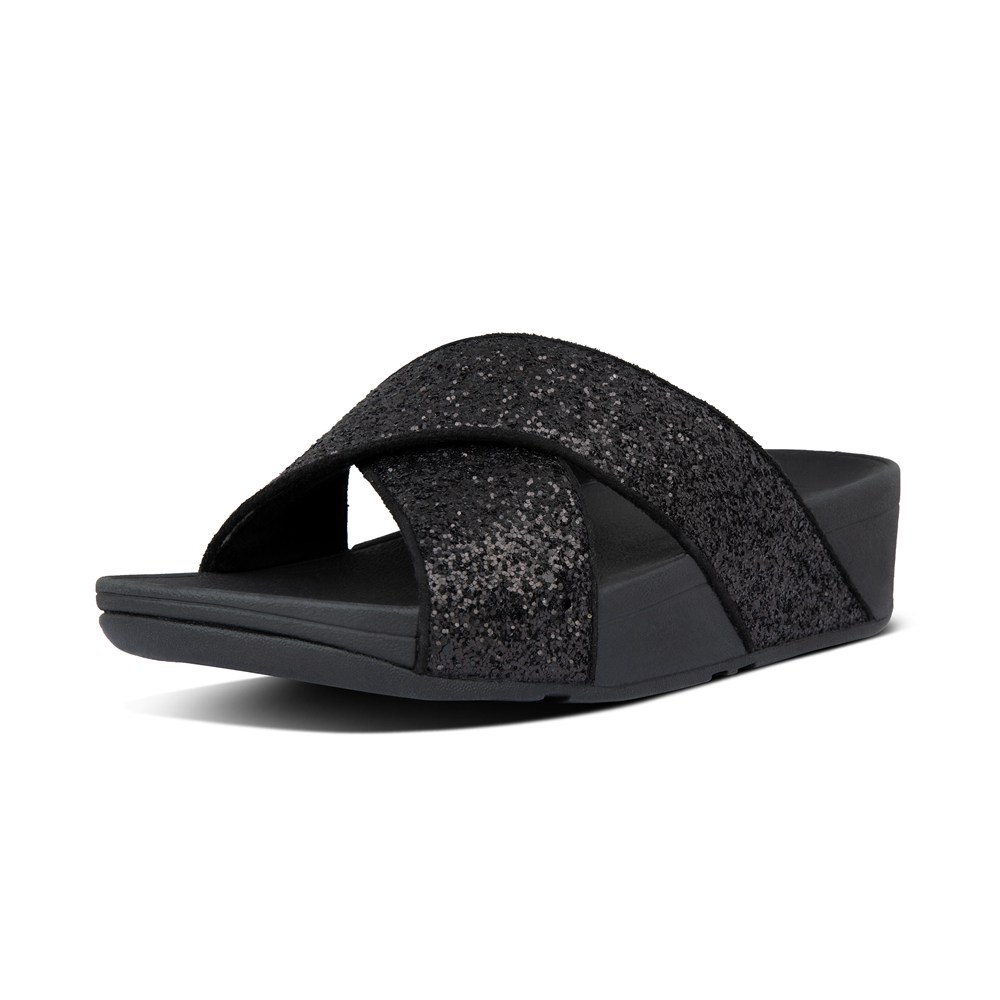 Fitflop Womens Slides - Lulu Glitter Cross - Black - 650-JGKISQ
